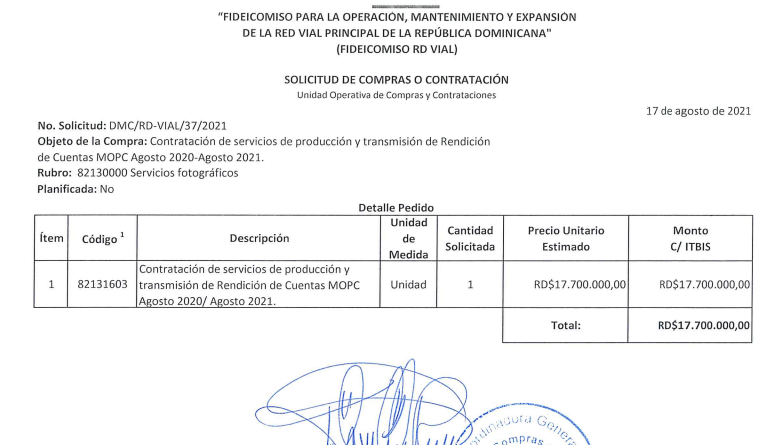 MOPC contrata por RD$ 17,700,000.00 servicio de producción y transmisión para Rendición de Cuentas