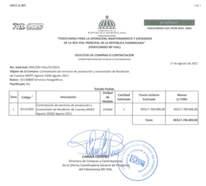 MOPC contrata por RD$ 17,700,000.00 servicio de producción y transmisión para Rendición de Cuentas 